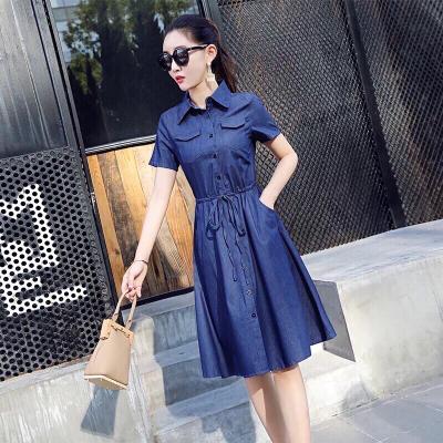 ĐẦM JEAN DENIM XOÈ CỔ SƠ MI EO RÚT DÂY - N03